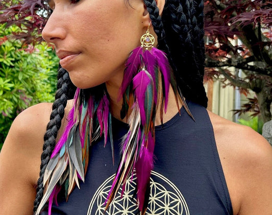 Green Feather Earring, Pink Feather Earring